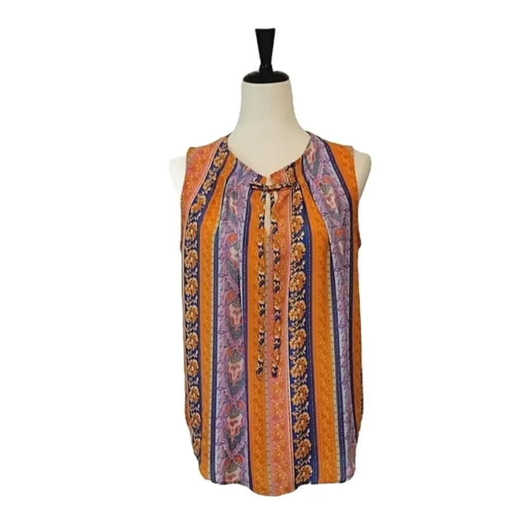 Cynthia Rowley Orange Patterned Tie Pleated Sleeveless Chiffon Blouse Size S - Picture 2 of 9